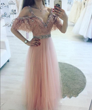 High Fashion A-Line V-Neck Off Shoulder Blush Pink Long Tulle Prom Dresses with Beads JS675