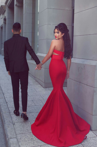 Gorgeous Strapless Sweetheart Sleeveless Open Back Mermaid Red Long Prom Dresses JS768