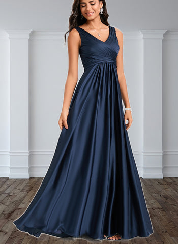 Jordan A-line V-Neck Floor-Length Silky Satin Bridesmaid Dress With Ruffle UKP0020194