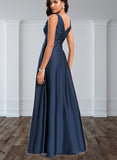 Jordan A-line V-Neck Floor-Length Silky Satin Bridesmaid Dress With Ruffle UKP0020194