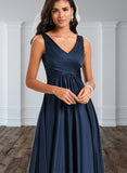 Jordan A-line V-Neck Floor-Length Silky Satin Bridesmaid Dress With Ruffle UKP0020194