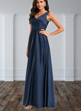 Jordan A-line V-Neck Floor-Length Silky Satin Bridesmaid Dress With Ruffle UKP0020194