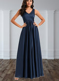 Jordan A-line V-Neck Floor-Length Silky Satin Bridesmaid Dress With Ruffle UKP0020194