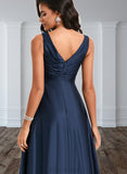 Jordan A-line V-Neck Floor-Length Silky Satin Bridesmaid Dress With Ruffle UKP0020194