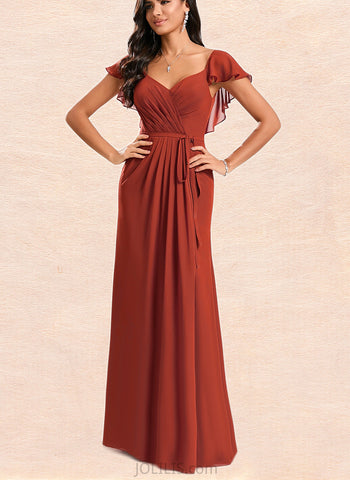 Taniya A-line V-Neck Floor-Length Chiffon Bridesmaid Dress With Ruffle UKP0020199