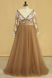 Plus Size Long Sleeves V-Neck A-Line Prom Gown Tulle With Sash & Applique