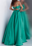 A Line V Neck Light Blue Satin Beautiful Prom Dresses With Pockets Sleeveless