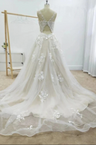 A Line Floral Appliques Beach Wedding Dresses Backless Tulle Boho Wedding Gowns