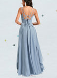 Chelsea A-line V-Neck Floor-Length Chiffon Bridesmaid Dress With Ruffle UKP0020200