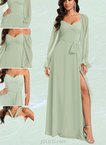 Tanya A-line Halter Off the Shoulder Sweetheart V-Neck Floor-Length Chiffon Bridesmaid Dress With Ruffle UKP0020204