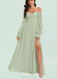 Tanya A-line Halter Off the Shoulder Sweetheart V-Neck Floor-Length Chiffon Bridesmaid Dress With Ruffle UKP0020204