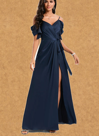 Marianna A-line Cold Shoulder Floor-Length Silky Satin Bridesmaid Dress With Ruffle UKP0020207