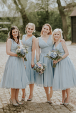 Dusty Blue V Neck Chiffon Short Cheap Ruffles Bridesmaid Dresses Short Prom Dresses JS960