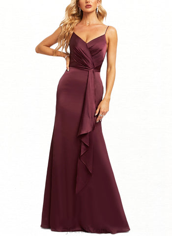 Amina Trumpet/Mermaid V-Neck Floor-Length Silky Satin Bridesmaid Dress With Ruffle UKP0020212