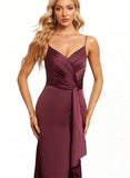 Amina Trumpet/Mermaid V-Neck Floor-Length Silky Satin Bridesmaid Dress With Ruffle UKP0020212