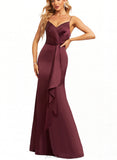 Amina Trumpet/Mermaid V-Neck Floor-Length Silky Satin Bridesmaid Dress With Ruffle UKP0020212