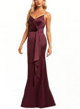 Amina Trumpet/Mermaid V-Neck Floor-Length Silky Satin Bridesmaid Dress With Ruffle UKP0020212