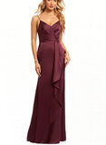 Amina Trumpet/Mermaid V-Neck Floor-Length Silky Satin Bridesmaid Dress With Ruffle UKP0020212