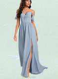 Bryanna A-line Off the Shoulder Floor-Length Chiffon Bridesmaid Dress With Ruffle UKP0020213