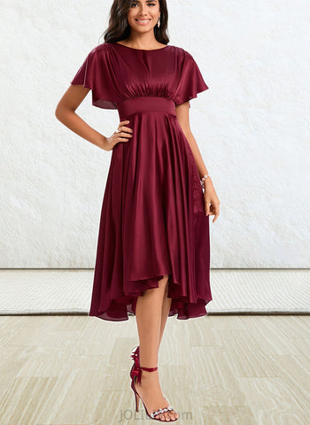 Mariam A-line Scoop Asymmetrical Silky Satin Bridesmaid Dress With Ruffle UKP0020214