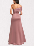 Ireland A-line Asymmetrical Off the Shoulder Floor-Length Satin Bridesmaid Dress UKP0020216