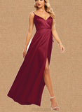 Finley A-line V-Neck Floor-Length Silky Satin Bridesmaid Dress UKP0020218