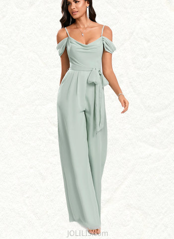 Danna Jumpsuit/Pantsuit Cold Shoulder Cowl Floor-Length Chiffon Bridesmaid Dress With Ruffle UKP0020219