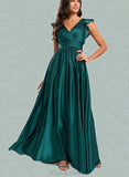 April A-line V-Neck Floor-Length Silky Satin Bridesmaid Dress With Ruffle UKP0020221