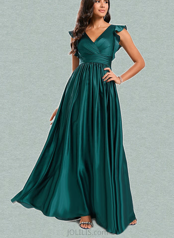 April A-line V-Neck Floor-Length Silky Satin Bridesmaid Dress With Ruffle UKP0020221