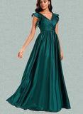 April A-line V-Neck Floor-Length Silky Satin Bridesmaid Dress With Ruffle UKP0020221