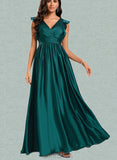 April A-line V-Neck Floor-Length Silky Satin Bridesmaid Dress With Ruffle UKP0020221