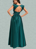 April A-line V-Neck Floor-Length Silky Satin Bridesmaid Dress With Ruffle UKP0020221