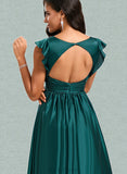 April A-line V-Neck Floor-Length Silky Satin Bridesmaid Dress With Ruffle UKP0020221