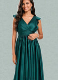 April A-line V-Neck Floor-Length Silky Satin Bridesmaid Dress With Ruffle UKP0020221