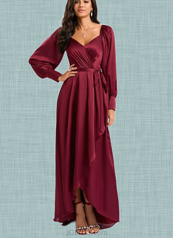 Brooklyn A-line V-Neck Asymmetrical Silky Satin Bridesmaid Dress With Ruffle UKP0020224