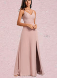 Gwendoline A-line V-Neck Floor-Length Chiffon Lace Bridesmaid Dress UKP0020227