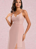 Gwendoline A-line V-Neck Floor-Length Chiffon Lace Bridesmaid Dress UKP0020227