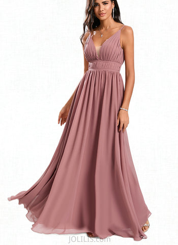 Londyn A-line V-Neck Floor-Length Chiffon Bridesmaid Dress With Ruffle UKP0020228