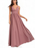 Londyn A-line V-Neck Floor-Length Chiffon Bridesmaid Dress With Ruffle UKP0020228