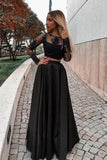 Long Sleeves Scoop Prom Dresses A Line Satin With Applique Two Pieces