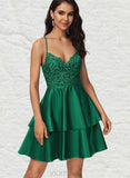 Ina A-line V-Neck Short/Mini Lace Satin Homecoming Dress With Sequins UKP0020499