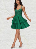 Ina A-line V-Neck Short/Mini Lace Satin Homecoming Dress With Sequins UKP0020499