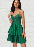 Ina A-line V-Neck Short/Mini Lace Satin Homecoming Dress With Sequins UKP0020499