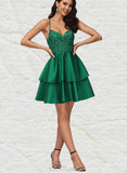 Ina A-line V-Neck Short/Mini Lace Satin Homecoming Dress With Sequins UKP0020499