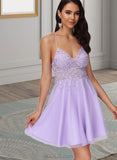 Joy A-line V-Neck Short/Mini Lace Tulle Homecoming Dress With Beading UKP0020501