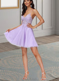 Joy A-line V-Neck Short/Mini Lace Tulle Homecoming Dress With Beading UKP0020501