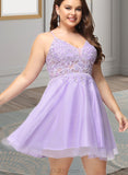 Joy A-line V-Neck Short/Mini Lace Tulle Homecoming Dress With Beading UKP0020501