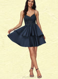 Kaiya A-line V-Neck Short/Mini Lace Satin Homecoming Dress UKP0020504