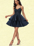 Kaiya A-line V-Neck Short/Mini Lace Satin Homecoming Dress UKP0020504