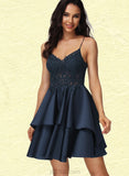 Kaiya A-line V-Neck Short/Mini Lace Satin Homecoming Dress UKP0020504